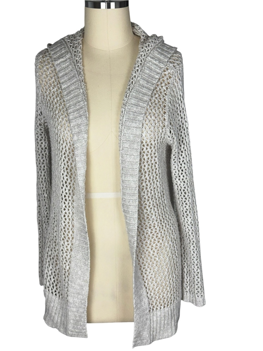 Hollister Hooded Open Front Cardigan Sweater Light Gray Open Knit Openwork Large
